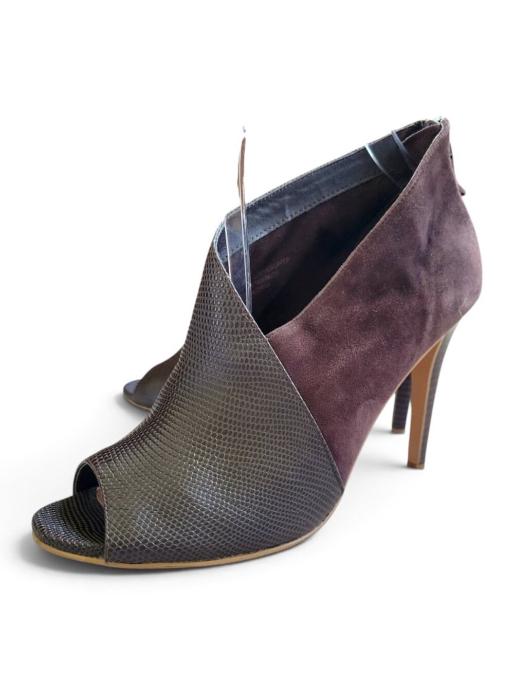 Halogen Chocolate Brown Suede and Leather Peep Toe Stilleto Heel Bootie